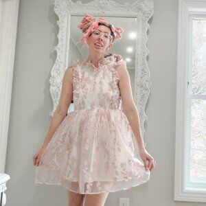 New York Couture Pink Sparkle Floral Cottagecore Ruffle Bib Dress
